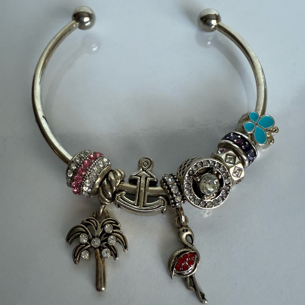 Nautical Silver Charm Bracelet with  8 Multicolor Beads or Cjarms